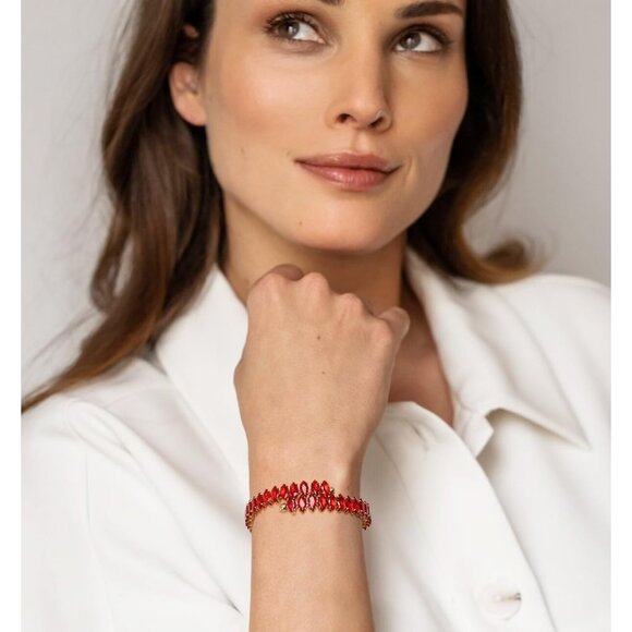 Gold Red Rhinestone Cuff Bracelet Cubic Zirconia Tennis Bracelets for Women - Picture 6 of 7